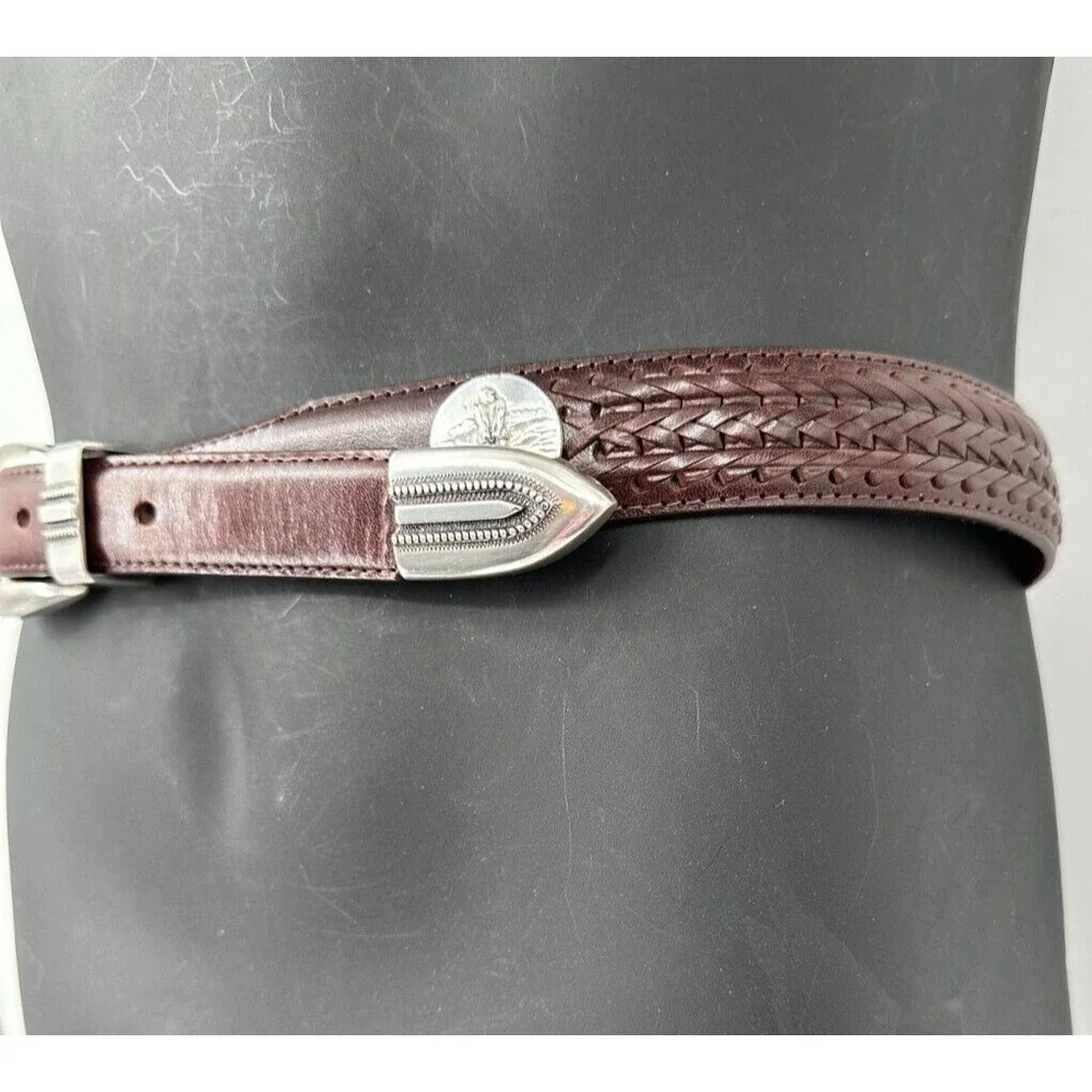 Brighton Onyx Men's 1998 Golf Motif Brown Leather Woven Inlay Belt Size 38